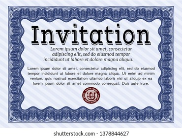 Blue Vintage invitation. Customizable, Easy to edit and change colors. With complex linear background. Excellent design. 