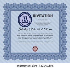 Blue Vintage invitation. Customizable, Easy to edit and change colors. With complex linear background. Money style design. 
