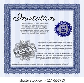 Blue Vintage invitation. Detailed. Printer friendly. Money Pattern design. 