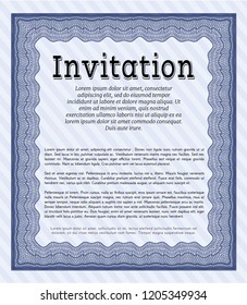 Blue Vintage invitation. Elegant design. With complex linear background. Vector illustration. 