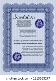 Blue Vintage invitation. With great quality guilloche pattern. Detailed. Money design. 