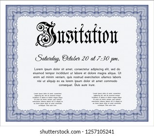 Blue Vintage invitation. With great quality guilloche pattern. Vector illustration. Superior design. 