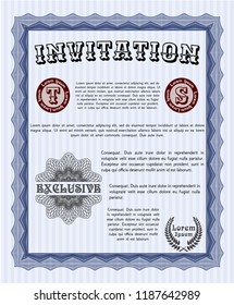 Blue Vintage invitation. With guilloche pattern and background. Customizable, Easy to edit and change colors. Cordial design. 