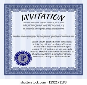 Blue Vintage invitation. With guilloche pattern and background. Sophisticated design. Vector illustration. 