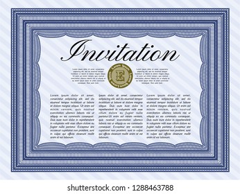 Blue Vintage invitation. With guilloche pattern. Money Pattern design. Vector illustration. 