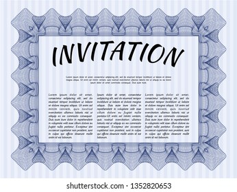 Blue Vintage invitation. With guilloche pattern. Detailed. Excellent design. 