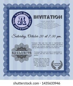 Blue Vintage invitation. With linear background. Customizable, Easy to edit and change colors. Money design. 