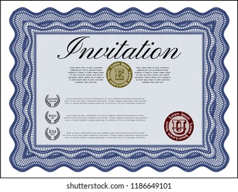 Blue Vintage invitation. Modern design. Customizable, Easy to edit and change colors. With guilloche pattern. 