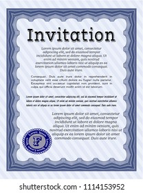 Blue Vintage invitation. Money style design. With great quality guilloche pattern. Vector illustration. 