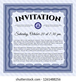 Blue Vintage invitation. Nice design. Vector illustration. With guilloche pattern. 