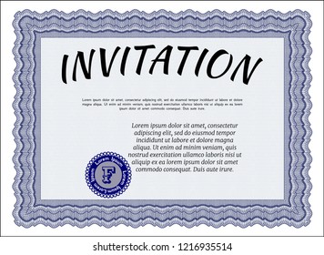 Blue Vintage invitation. Printer friendly. Vector illustration. Money Pattern. 