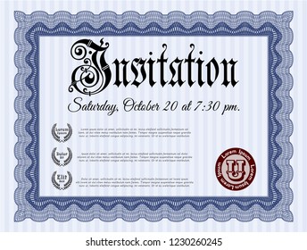 Blue Vintage invitation. Printer friendly. Lovely design. Customizable, Easy to edit and change colors. 