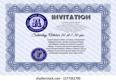 Blue Vintage invitation. Printer friendly. Sophisticated design. Detailed. 