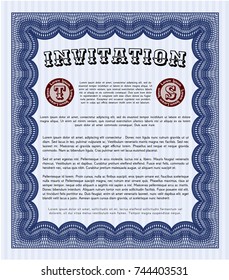 Blue Vintage invitation. Printer friendly. Customizable, Easy to edit and change colors. Money Pattern design. 