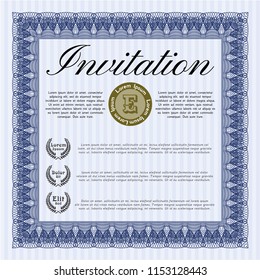 Blue Vintage invitation. Superior design. With guilloche pattern. Vector illustration. 