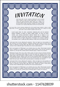 Blue Vintage invitation template. Beauty design. With great quality guilloche pattern. Customizable, Easy to edit and change colors. 