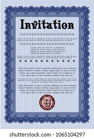 Blue Vintage invitation template. With complex background. Detailed. Money Pattern. 