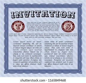 Blue Vintage invitation template. With complex linear background. Vector illustration. Cordial design. 