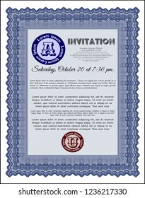 Blue Vintage invitation template. With complex linear background. Sophisticated design. Customizable, Easy to edit and change colors. 
