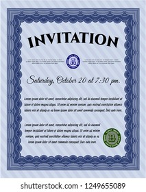 Blue Vintage invitation template. With complex linear background. Cordial design. Detailed. 