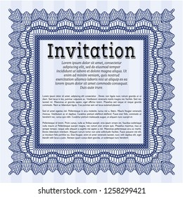 Blue Vintage invitation template. With complex linear background. Retro design. Detailed. 