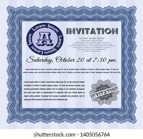 Blue Vintage invitation template. Customizable, Easy to edit and change colors. With guilloche pattern and background. Elegant design. 