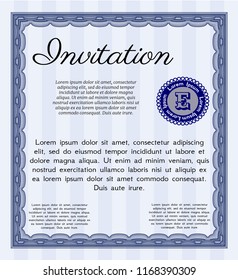 Blue Vintage invitation template. Detailed. Printer friendly. Artistry design. 