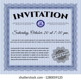 Blue Vintage invitation template. Detailed. With complex linear background. Retro design. 
