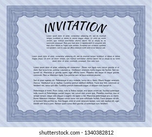 Blue Vintage invitation template. Detailed. With complex linear background. Nice design. 