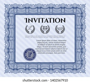 Blue Vintage invitation template. Easy to print. Detailed. Modern design. 