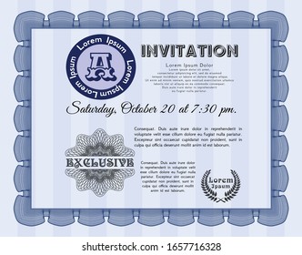 Blue Vintage invitation template. With great quality guilloche pattern. Vector illustration. Money design. 