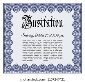 Blue Vintage invitation template. With guilloche pattern. Nice design. Detailed. 