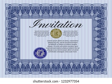 Blue Vintage invitation template. With guilloche pattern. Vector illustration. Artistry design. 