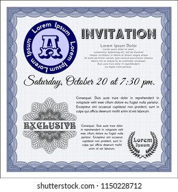 Blue Vintage invitation template. Lovely design. With complex background. Detailed. 