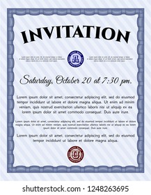 Blue Vintage invitation template. Lovely design. With linear background. Detailed. 