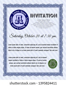 Blue Vintage invitation template. Modern design. Vector illustration. With linear background. 