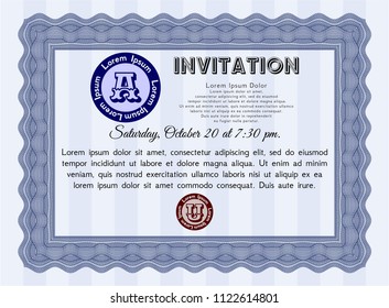 Blue Vintage invitation template. Nice design. Detailed. With guilloche pattern and background. 
