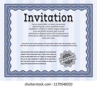 Blue Vintage invitation template. Printer friendly. Detailed. Money Pattern design. 