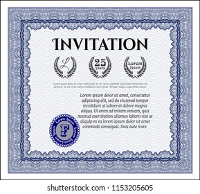 Blue Vintage invitation template. Retro design. With linear background. Detailed. 