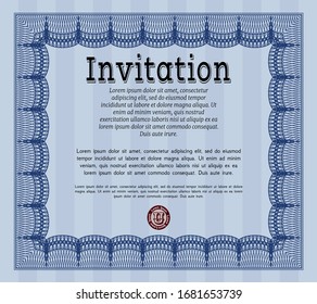 Blue Vintage invitation template. Sophisticated design. With great quality guilloche pattern. Vector illustration. 