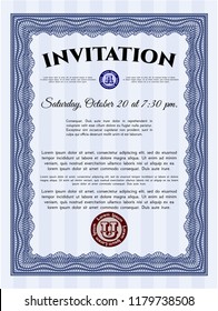 Blue Vintage invitation template. Vector illustration. With linear background. Excellent design. 