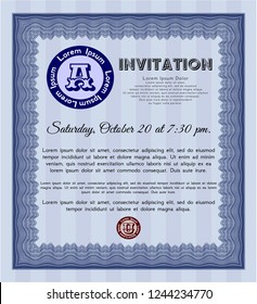 Blue Vintage invitation template. Vector illustration. With complex linear background. Money Pattern design. 