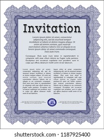 Blue Vintage invitation. Vector illustration. With guilloche pattern and background. Perfect design. 