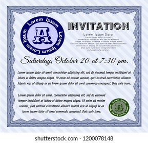 Blue Vintage invitation. Vector illustration. With great quality guilloche pattern. Modern design. 