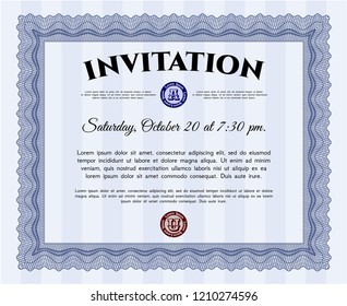 Blue Vintage invitation. Vector illustration. With guilloche pattern. Money Pattern. 