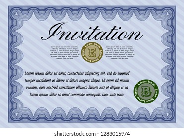 Blue Vintage invitation. Vector illustration. With guilloche pattern and background. Beauty design. 