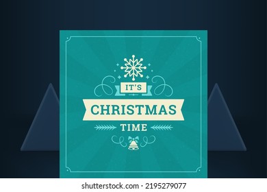 Blue vintage Merry Christmas greeting card snowflake and bell decorative design vector illustration. Happy New Year traditional winter holiday retro post banner curved ornamental ribbon border