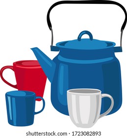 A blue vintage metal teapot and several multicolored tea cups. White background. Tea time. Vector hand drawing.