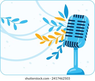 Blue vintage microphone with abstract yellow and blue leaves and swirl lines. Retro music and podcast concept vector illustration.