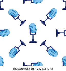 Blue Vintage Microphone Seamless Pattern on White Background
